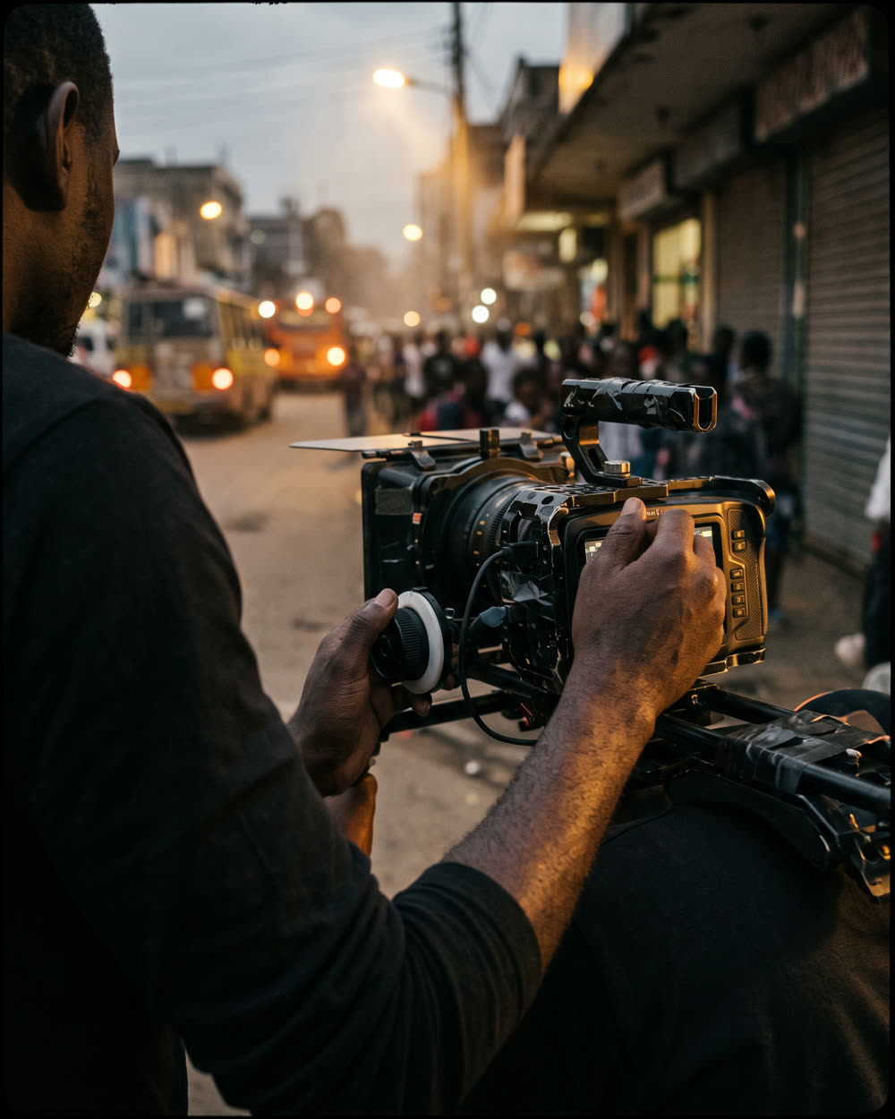 Behind the camera on a Nairobi street at dusk
